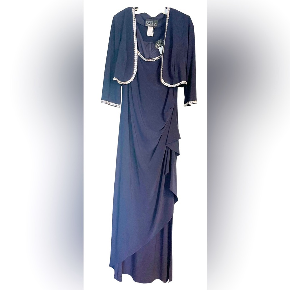 Navy blue Alex Evenings 2 pc gown & matching jkt. Size 16.